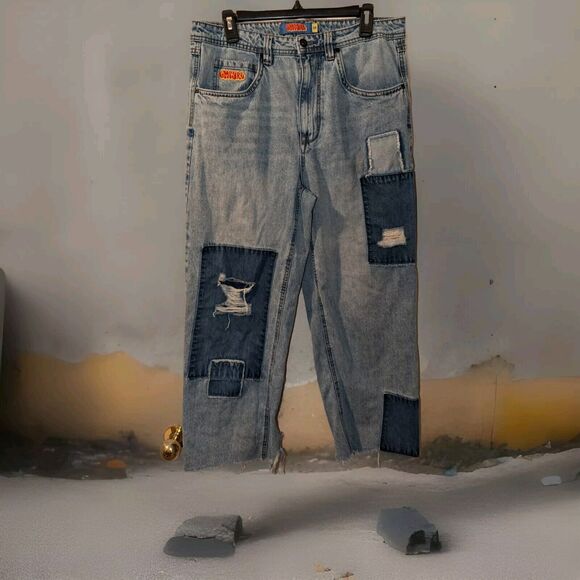 Empyre Pants Mens 30x24 Blue Patchwork Relax Straight Skate Y2K Jeans Bottoms - Picture 1 of 15